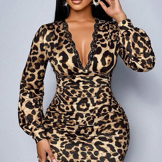 Damen-Spitzen-Leoparden-V-Ausschnitt-Laternenärmel-Mittellanges Kleid