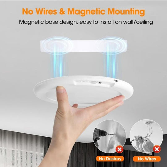 Wiederaufladbare Deckenleuchte mit Bewegungssensor, diese tragbare LED-Leuchte ist energieeffizient und wird mit Fernbedienung geliefert.  Es bietet drei einstellbare Lichtfarben und mehrere Helligkeitsstufen, so dass es für Innenschränke geeignet is