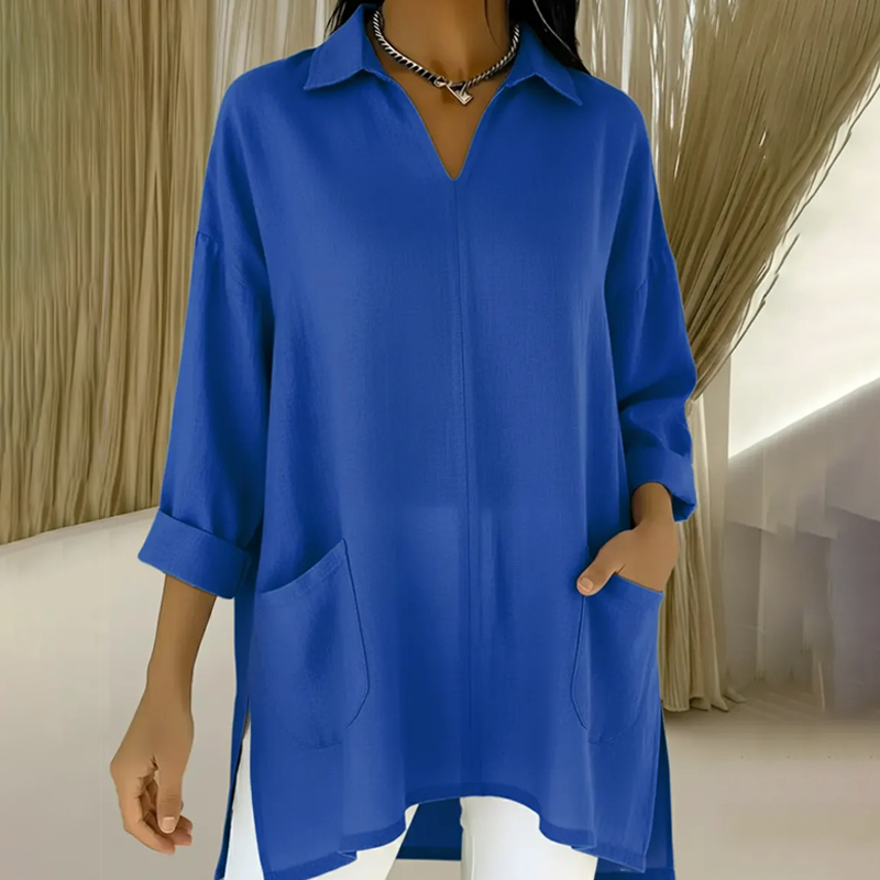 Damen-Tunika mit V-Ausschnitt, Hemdkragen und Taschen