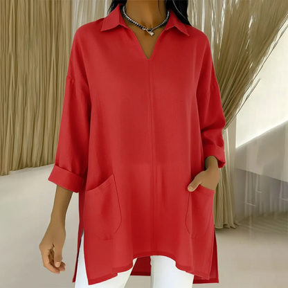 Damen-Tunika mit V-Ausschnitt, Hemdkragen und Taschen