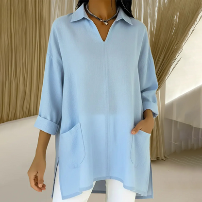 Damen-Tunika mit V-Ausschnitt, Hemdkragen und Taschen