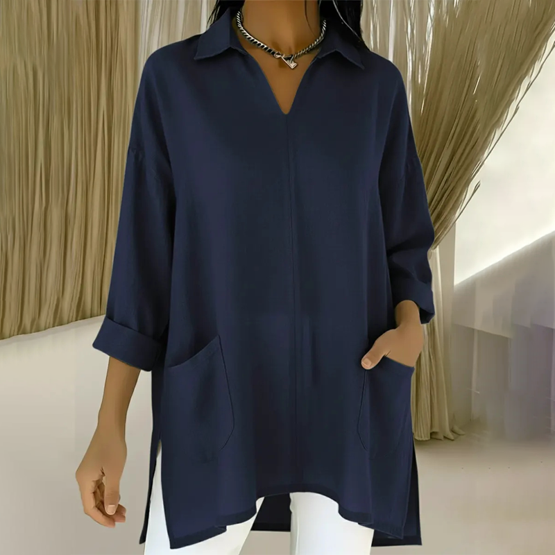 Damen-Tunika mit V-Ausschnitt, Hemdkragen und Taschen