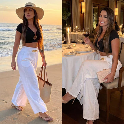 📢📢60%  OFF !! ⏰Women's High-Waist Wide-Leg Trousers with Belt Accent