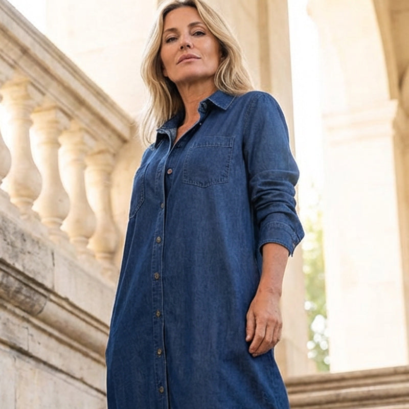 🎉 50% RABATT!👖 Damen-Denim-Maxikleid: Knopfleiste + Seitenschlitze – vielseitig als Kleid oder Jacke