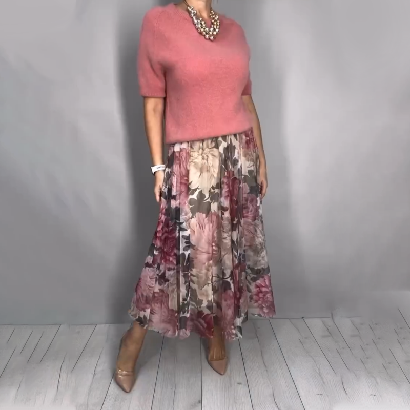 Elegantes 2-teiliges Set aus gestricktem Oberteil mit Blumenmuster und Midirock