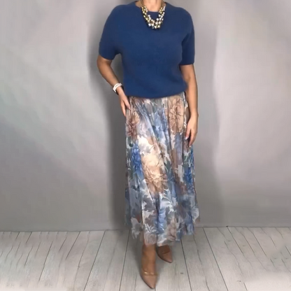 Elegantes 2-teiliges Set aus gestricktem Oberteil mit Blumenmuster und Midirock