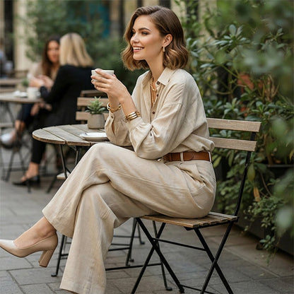 Zweiteiliges Set aus locker sitzendem Damenhemd und weit geschnittener Hose