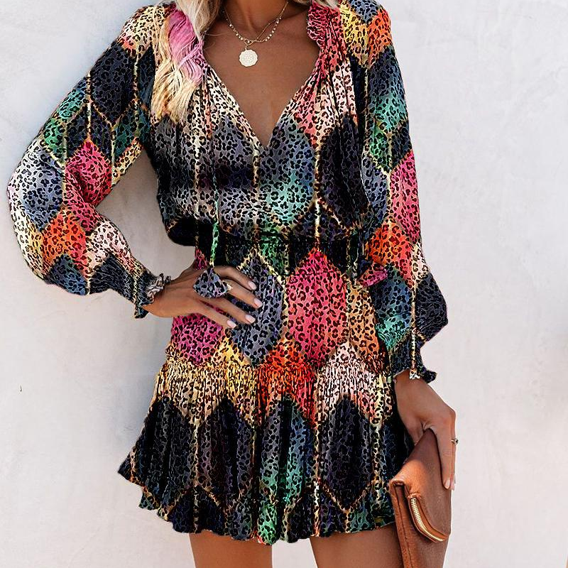 Damen-Minikleid mit V-Ausschnitt, langen Ärmeln und Rüschen am Saum🔥Kauf 2 Artikel versandkostenfrei🔥
