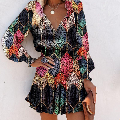 Damen-Minikleid mit V-Ausschnitt, langen Ärmeln und Rüschen am Saum🔥Kauf 2 Artikel versandkostenfrei🔥