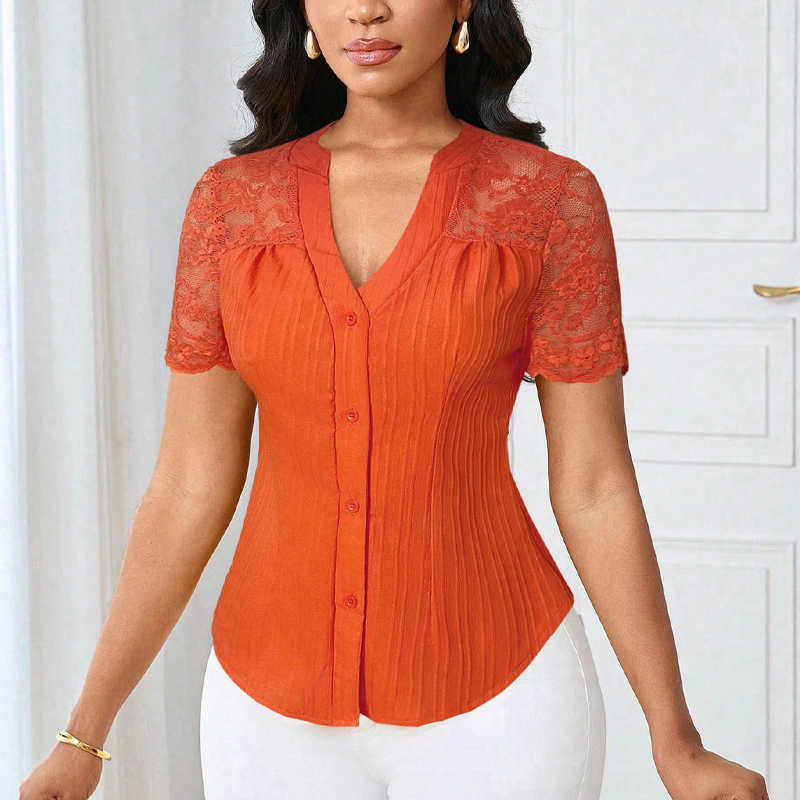 🌼LETZTER TAG – 60 % RABATT👚Sommerbluse mit V-Ausschnitt, Spitzenärmeln und Knopfleiste für Damen