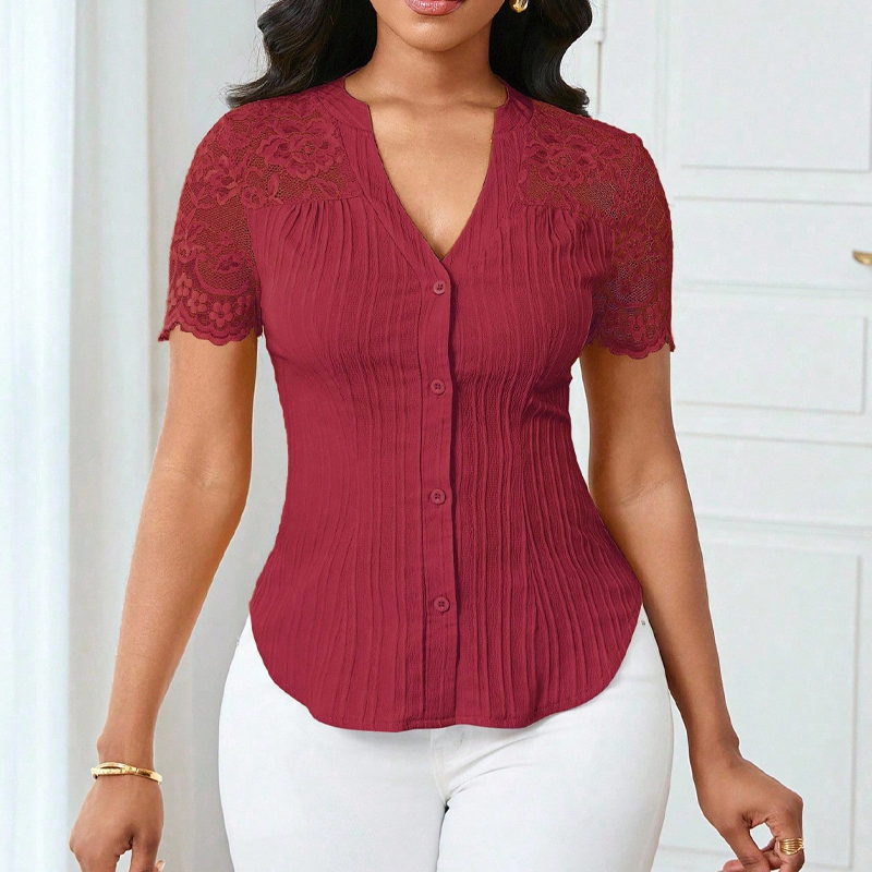 🌼LETZTER TAG – 60 % RABATT👚Sommerbluse mit V-Ausschnitt, Spitzenärmeln und Knopfleiste für Damen