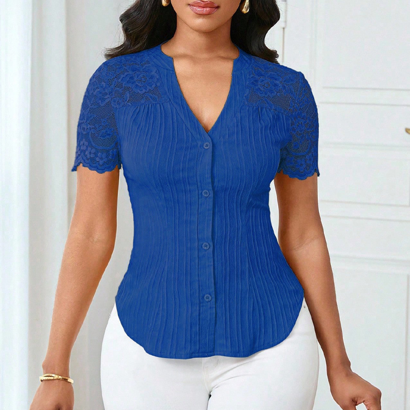 🌼LETZTER TAG – 60 % RABATT👚Sommerbluse mit V-Ausschnitt, Spitzenärmeln und Knopfleiste für Damen