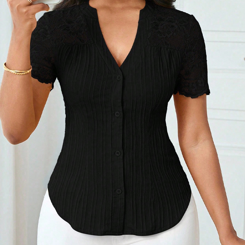 🌼LETZTER TAG – 60 % RABATT👚Sommerbluse mit V-Ausschnitt, Spitzenärmeln und Knopfleiste für Damen
