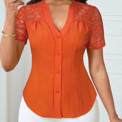 🌼LETZTER TAG – 60 % RABATT👚Sommerbluse mit V-Ausschnitt, Spitzenärmeln und Knopfleiste für Damen