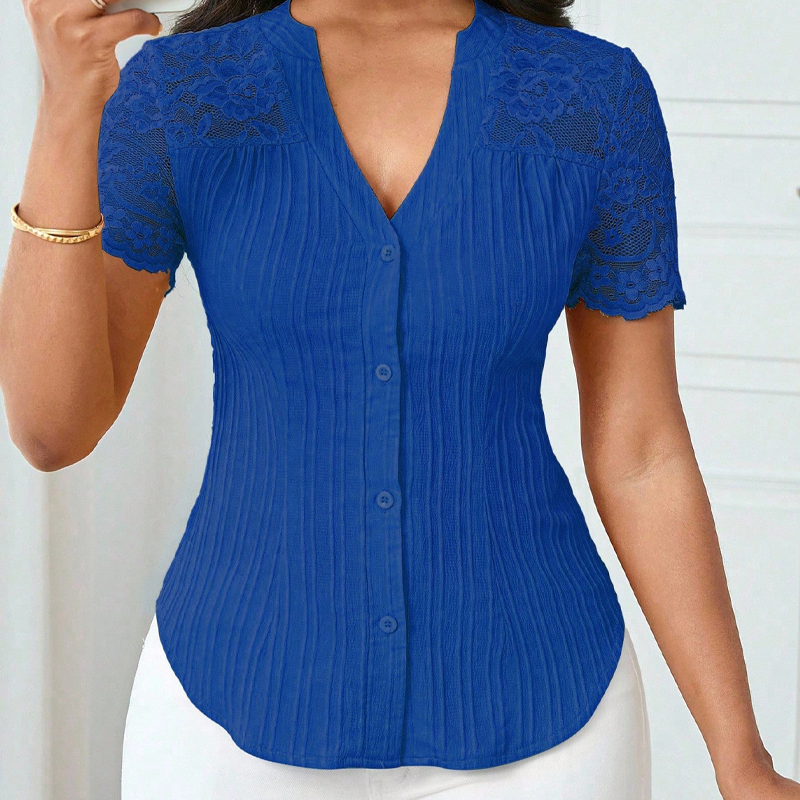 🌼LETZTER TAG – 60 % RABATT👚Sommerbluse mit V-Ausschnitt, Spitzenärmeln und Knopfleiste für Damen
