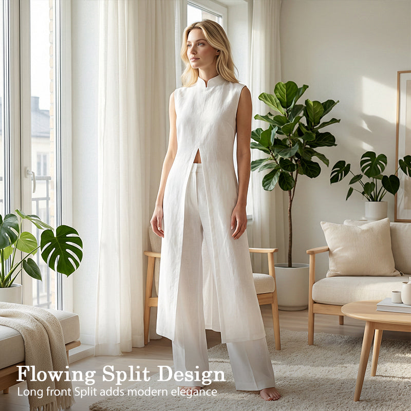 Einfarbiges, zweiteiliges Set aus Oberteil und Hose mit hohem und niedrigem Schlitz.