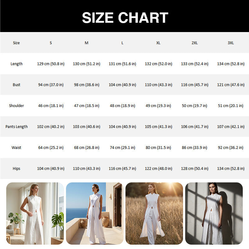 Einfarbiges, zweiteiliges Set aus Oberteil und Hose mit hohem und niedrigem Schlitz.