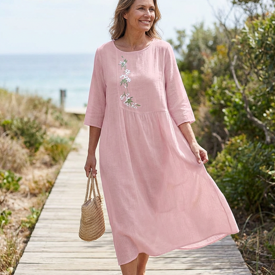 👗 ✨ Lässiges, locker sitzendes Midikleid mit Stickerei – Behaglicher Schnitt, Elegante Details &amp; Hoher Tragekomfort 🌸