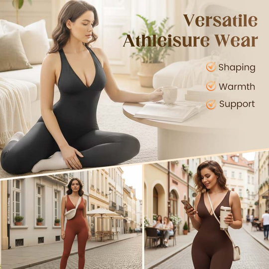 Hochdehnbarer Jumpsuit mit V-Ausschnitt für Fitness und Yoga