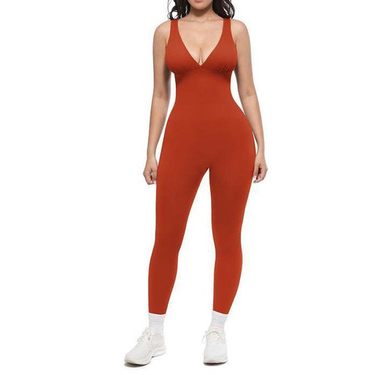 Hochdehnbarer Jumpsuit mit V-Ausschnitt für Fitness und Yoga
