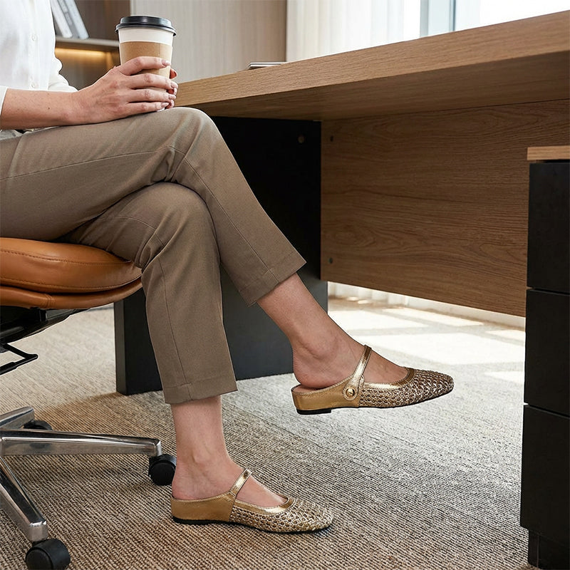 👡54 % Rabatt!☁️Damen-Mules aus gewebtem Material mit eckiger Spitze und Mary-Jane-Verschluss