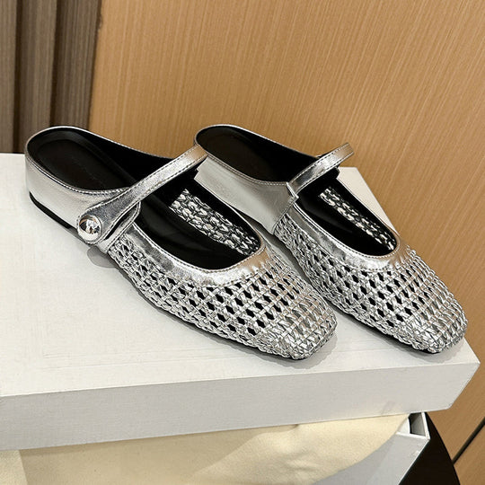 👡54 % Rabatt!☁️Damen-Mules aus gewebtem Material mit eckiger Spitze und Mary-Jane-Verschluss