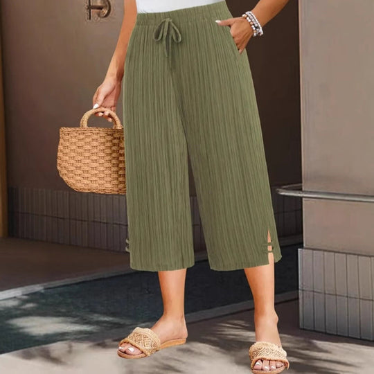 🔥50% RABATT! Damen Caprihose: Weitbein, Kordelzug-Bund &amp; Taschen – Lässig &amp; komfortabel