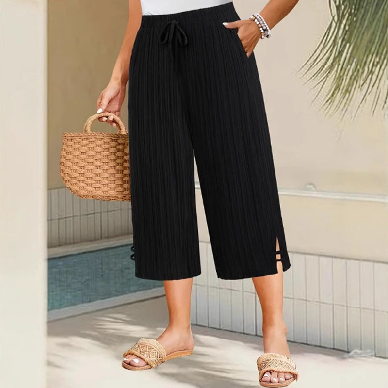🔥50% RABATT! Damen Caprihose: Weitbein, Kordelzug-Bund &amp; Taschen – Lässig &amp; komfortabel