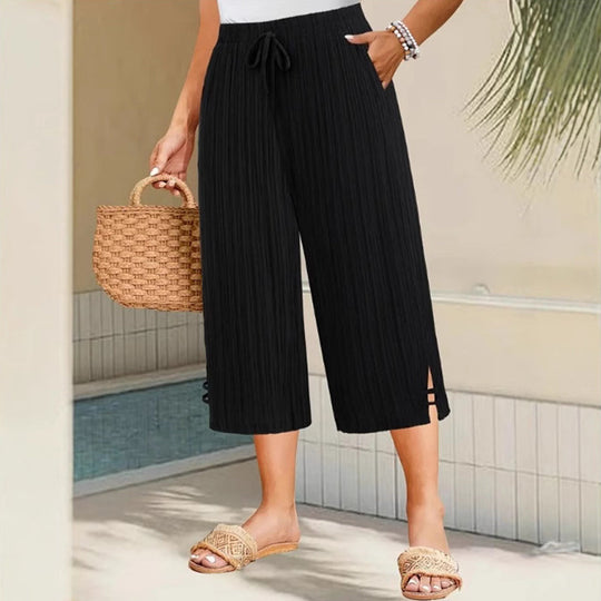 🔥50% RABATT! Damen Caprihose: Weitbein, Kordelzug-Bund &amp; Taschen – Lässig &amp; komfortabel