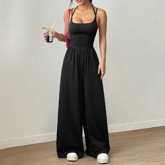 ☀️ Damen Sommer-Jumpsuit – Spaghettiträger, geraffte Taille, weites Bein, atmungsaktiv &amp; figurbetont, S–XL