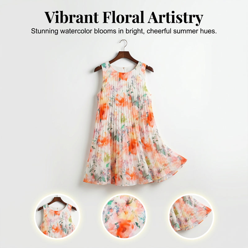 Ärmelloses Midikleid mit Plissee und Blumenprint und betonter Taille