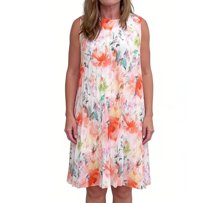 Ärmelloses Midikleid mit Plissee und Blumenprint und betonter Taille