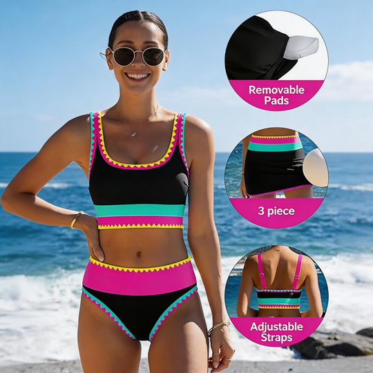 🌼Sportliches 3-teiliges Bikini-Set aus Nylon im Color-Block-Patchwork-Look – Badeanzug mit hoher Taille und figurformender Wirkung