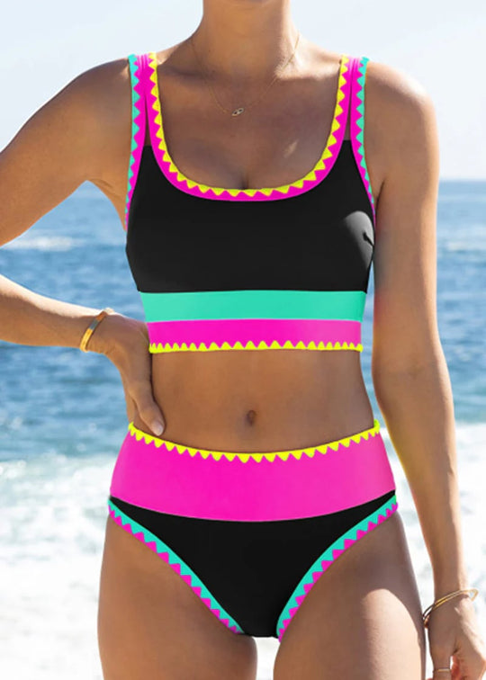 🌼Sportliches 3-teiliges Bikini-Set aus Nylon im Color-Block-Patchwork-Look – Badeanzug mit hoher Taille und figurformender Wirkung