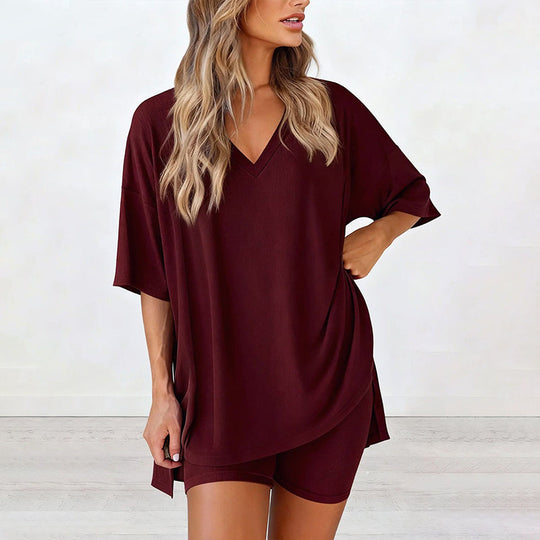 PRETTYGARDEN Crewneck Two-Piece Set For Women Summer Casual Oversized Split Hem Shirts &amp; Side Pocket Biker Shorts Minimalist Lounge Wear Soft Viscose Fabric Comfy Homewear Cozy Pjs