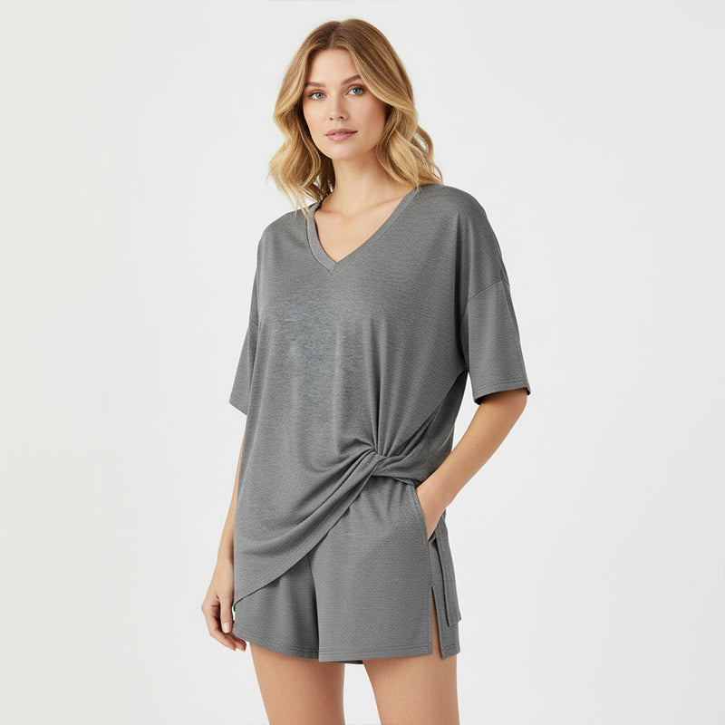 PRETTYGARDEN Crewneck Two-Piece Set For Women Summer Casual Oversized Split Hem Shirts &amp; Side Pocket Biker Shorts Minimalist Lounge Wear Soft Viscose Fabric Comfy Homewear Cozy Pjs