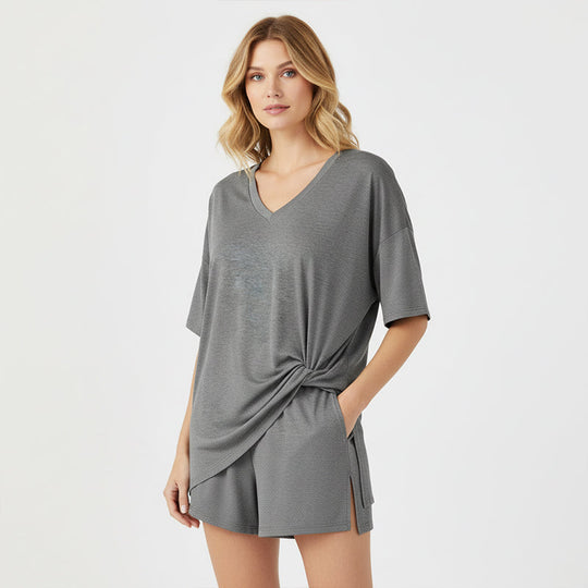 PRETTYGARDEN Crewneck Two-Piece Set For Women Summer Casual Oversized Split Hem Shirts &amp; Side Pocket Biker Shorts Minimalist Lounge Wear Soft Viscose Fabric Comfy Homewear Cozy Pjs