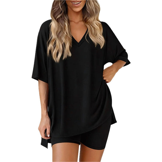 PRETTYGARDEN Crewneck Two-Piece Set For Women Summer Casual Oversized Split Hem Shirts &amp; Side Pocket Biker Shorts Minimalist Lounge Wear Soft Viscose Fabric Comfy Homewear Cozy Pjs