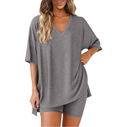PRETTYGARDEN Crewneck Two-Piece Set For Women Summer Casual Oversized Split Hem Shirts &amp; Side Pocket Biker Shorts Minimalist Lounge Wear Soft Viscose Fabric Comfy Homewear Cozy Pjs