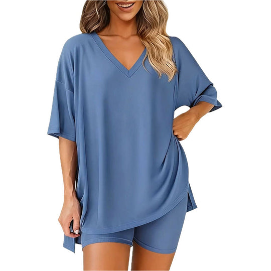 PRETTYGARDEN Crewneck Two-Piece Set For Women Summer Casual Oversized Split Hem Shirts &amp; Side Pocket Biker Shorts Minimalist Lounge Wear Soft Viscose Fabric Comfy Homewear Cozy Pjs