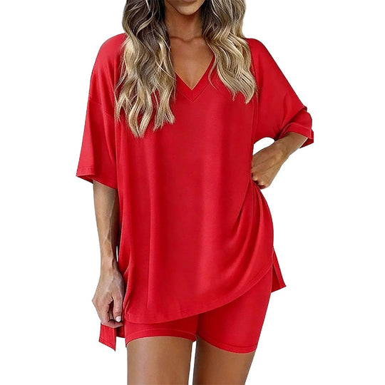 PRETTYGARDEN Crewneck Two-Piece Set For Women Summer Casual Oversized Split Hem Shirts &amp; Side Pocket Biker Shorts Minimalist Lounge Wear Soft Viscose Fabric Comfy Homewear Cozy Pjs