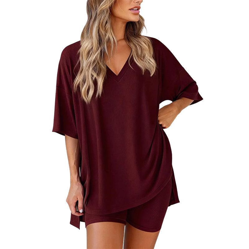 PRETTYGARDEN Crewneck Two-Piece Set For Women Summer Casual Oversized Split Hem Shirts &amp; Side Pocket Biker Shorts Minimalist Lounge Wear Soft Viscose Fabric Comfy Homewear Cozy Pjs