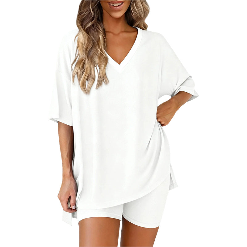 PRETTYGARDEN Crewneck Two-Piece Set For Women Summer Casual Oversized Split Hem Shirts &amp; Side Pocket Biker Shorts Minimalist Lounge Wear Soft Viscose Fabric Comfy Homewear Cozy Pjs