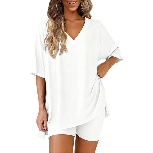 PRETTYGARDEN Crewneck Two-Piece Set For Women Summer Casual Oversized Split Hem Shirts &amp; Side Pocket Biker Shorts Minimalist Lounge Wear Soft Viscose Fabric Comfy Homewear Cozy Pjs