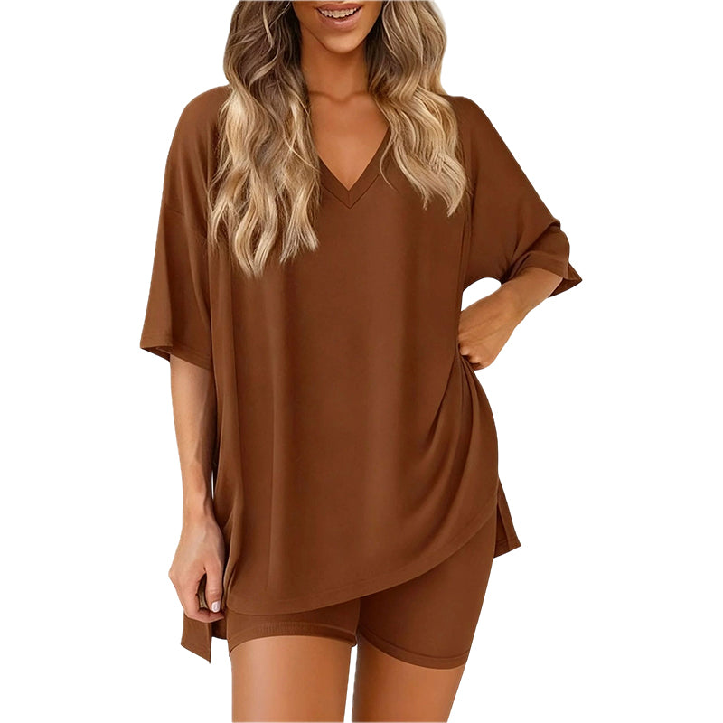 PRETTYGARDEN Crewneck Two-Piece Set For Women Summer Casual Oversized Split Hem Shirts &amp; Side Pocket Biker Shorts Minimalist Lounge Wear Soft Viscose Fabric Comfy Homewear Cozy Pjs