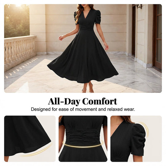 🥳2026 HOT SALE🥳💞50K+ SOLD!💥💕🌿 50% OFF! Elegant Puff Sleeve Dress – V-neck &amp; high waist create hourglass shape. Breathable, wrinkle-resistant. Perfect for mature women. 👗✅