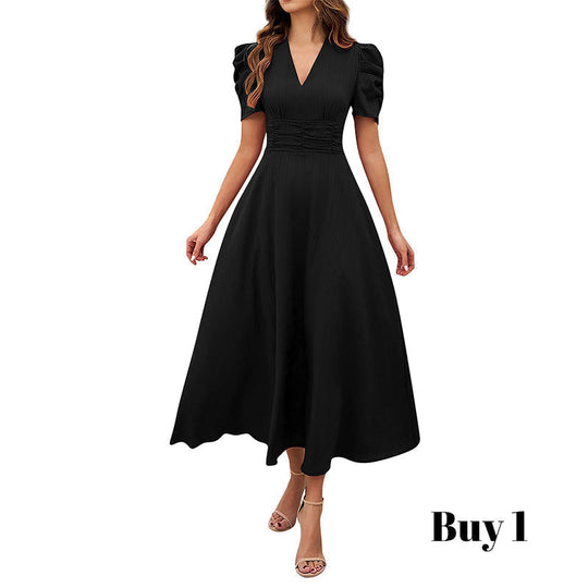 🥳2026 HOT SALE🥳💞50K+ SOLD!💥💕🌿 50% OFF! Elegant Puff Sleeve Dress – V-neck &amp; high waist create hourglass shape. Breathable, wrinkle-resistant. Perfect for mature women. 👗✅