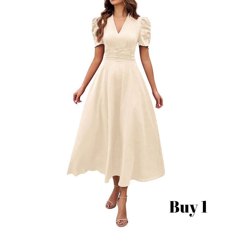 🥳2026 HOT SALE🥳💞50K+ SOLD!💥💕🌿 50% OFF! Elegant Puff Sleeve Dress – V-neck &amp; high waist create hourglass shape. Breathable, wrinkle-resistant. Perfect for mature women. 👗✅