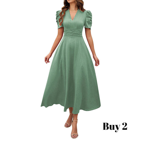 🥳2026 HOT SALE🥳💞50K+ SOLD!💥💕🌿 50% OFF! Elegant Puff Sleeve Dress – V-neck &amp; high waist create hourglass shape. Breathable, wrinkle-resistant. Perfect for mature women. 👗✅