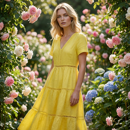 🌸👗✨ Elegantes Damenkleid mit V-Ausschnitt & Spitzeneinsätzen – feminin, edel, perfekt für besondere Anlässe. 🕊️